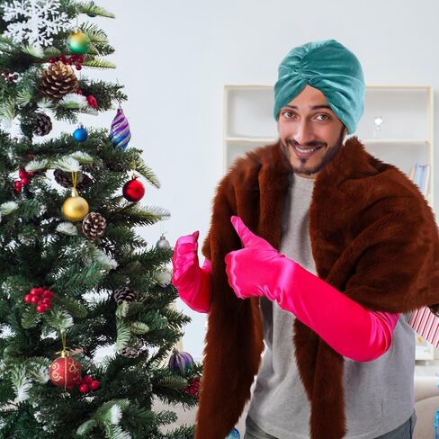 yahenda 3 قطع أزياء علية عيد الميلاد في الثمانينيات تتضمن قبعة عمامة خضراء وقفازات وردية من الفرو الصناعي للرجال والنساء والبالغين في العطلات التنكرية in Kuwait