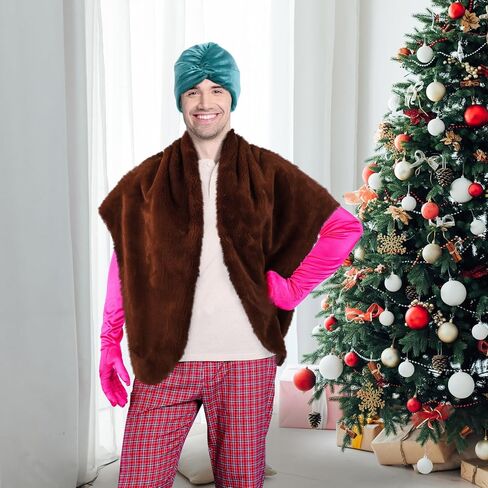 yahenda 3 قطع أزياء علية عيد الميلاد في الثمانينيات تتضمن قبعة عمامة خضراء وقفازات وردية من الفرو الصناعي للرجال والنساء والبالغين في العطلات التنكرية in Kuwait