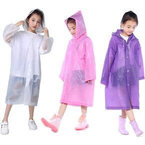 Kids Rain Ponchos, 3 Packs Portable Reusable Emergency Raincoats for 6-12 Years Old for Camping Hiking Traveling Backpacking