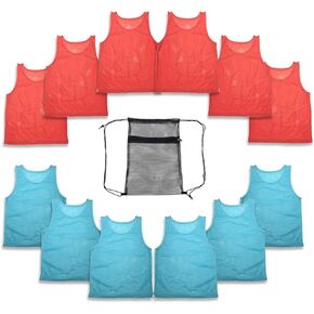 12 pc Set Team Pinnies Vest - Nylon Mesh Vests Uniform for Youth, Kids, Boys & Girls - Basketball, Football, Soccer, All Sport Practice Jersey Pennies Scrimmage, Mesh Zip Backpack (Red & Light Blue)