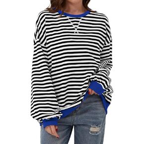 TERIVEEK Women Oversized Striped Color Block Long Sleeve Crew Neck Sweatshirt Casual Loose Pullover Y2K Shirt Top