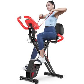 pooboo Folding Exercise Bike, Foldable Fitness Stationary Bike Machine, Upright Indoor Cycling Bike, Magnetic X-Bike with 8-Level Adjustable Resistance, Bottle Holder & Back Support Cushion for Home Gym Workout