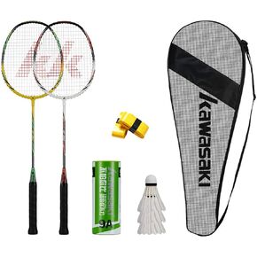Kawasaki Badminton Set Professional Graphite Badminton Racket Lightweight & high Performance for Sports, Training and Entertainment Including 3 Badminton shuttlecocks & 2 overgrips & Carrying Bag