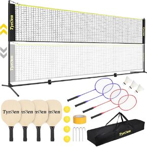 Portable Pickleball Badminton Net Set, 17FT Adjustable Heights All-in-One Net w/4 Pickleball Paddles 4 Badminton Rackets, Freestanding Pickleball Badminton Net for Backyard Family Sports