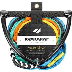 حبل تزلج مائي بطول 75 قدم من KRAKAFAT، حبل اكيبورد - 7 أقسام بمقبض عائم من مادة EVA الماسية مقاس 13 بوصة - حبل سحب أنبوبي للراكب 1-2 للأنابيب - حبل سحب القارب للركبة