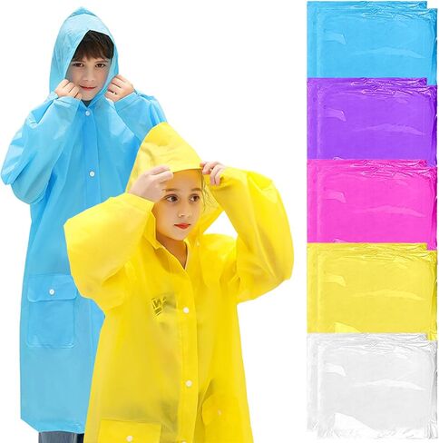 10 عبوات من معاطف المطر للأطفال من مادة EVA قابلة لإعادة الاستخدام مع غطاء رأس وأكمام سترات المطر المحمولة للأطفال الأولاد والبنات، 5 ألوان in Kuwait