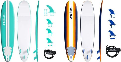 لوح ركوب الأمواج من Wavestorm-15th Anniversary Edition ناعم من الإسفنج بطول 8 أقدام | للمبتدئين ولجميع المستويات | يشمل الملحقات | المقود وخيارات الزعانف المتعددة، خط فيروزي in Kuwait