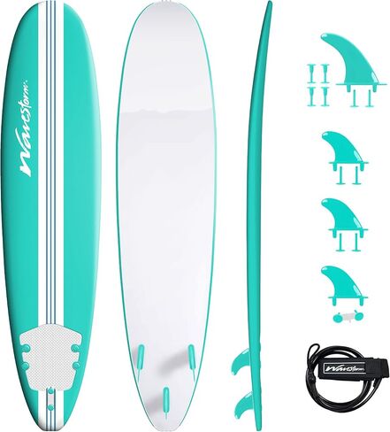 لوح ركوب الأمواج من Wavestorm-15th Anniversary Edition ناعم من الإسفنج بطول 8 أقدام | للمبتدئين ولجميع المستويات | يشمل الملحقات | المقود وخيارات الزعانف المتعددة، خط فيروزي in Kuwait