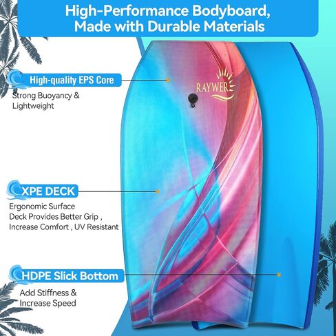 Body Board Lightweight with EPS Core, HDPE Slick Bottom, Leash & Adjustable Wrist Rope, Great Surfing for Kids and Adults in Saudi Arabia