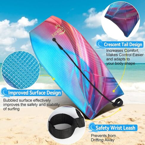 Body Board Lightweight with EPS Core, HDPE Slick Bottom, Leash & Adjustable Wrist Rope, Great Surfing for Kids and Adults in Saudi Arabia