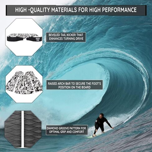 منصات جر Shaka Pro EVA لركوب الأمواج (الأمامية والخلفية) - 7 قطع قابلة للتعديل مع لاصق 3M - أقصى قبضة ماسية مع شريط الركل والقوس - تناسب جميع أحجام الألواح in Kuwait