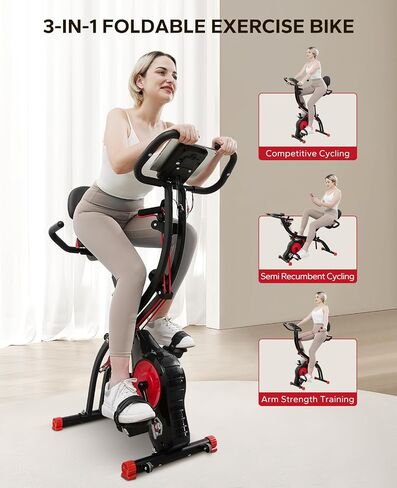 HAPBEAR Folding Exercise Bike Magnetic Foldable Stationary Bike, 3 in 1 Mode Indoor Upright Fitness Workout X-Bike with 8-Level Resistance and Arm Resistance Band, Pulse Sensor,LCD Monitor in Saudi Arabia