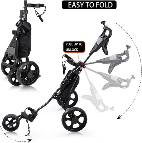 LTY Golf Push Cart, 3 Wheels Folding Golf cart with Foot Brake & Phone Holder & Waterproof Cooler Bag, Portable Lightweight Quick Open Fold Golf Cart, Adjustable Handle in Kuwait