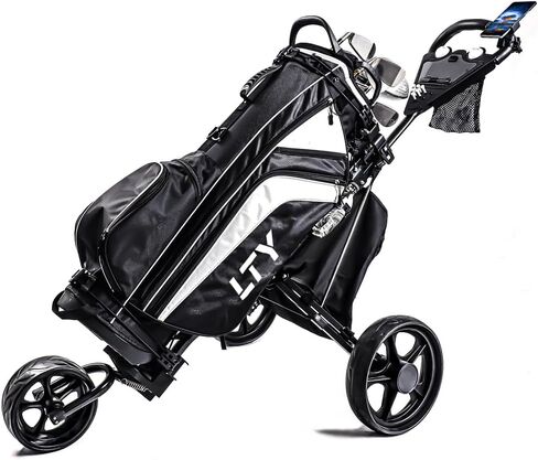 LTY Golf Push Cart, 3 Wheels Folding Golf cart with Foot Brake & Phone Holder & Waterproof Cooler Bag, Portable Lightweight Quick Open Fold Golf Cart, Adjustable Handle in Kuwait