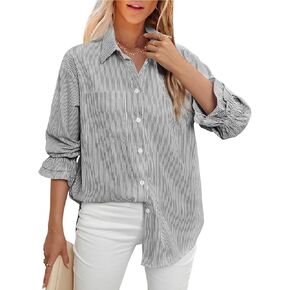 LEMAFER Women's Smocked Cuffed Stripe Boyfriend Button Down Shirts 2024 Collared Ruffle Sleeve Casual Top with Pockets