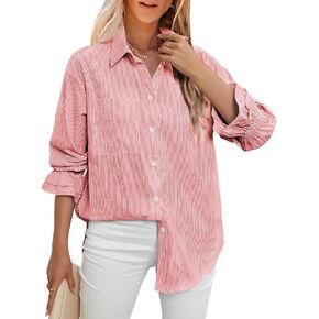 LEMAFER Women's Smocked Cuffed Stripe Boyfriend Button Down Shirts 2024 Collared Ruffle Sleeve Casual Top with Pockets