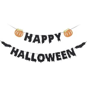 Black Glitter Happy Halloween Banner Halloween Party Banner Happy Halloween Party Decorations for Halloween Haunted Houses Home Doorways Indoor Mantle Decor