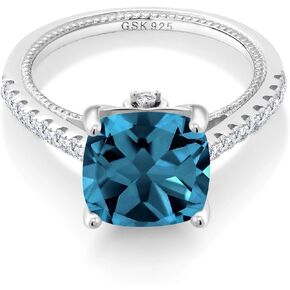 Gem Stone King 925 Sterling Silver London Blue Topaz and White Created Sapphire Ring For Women (5.47 Cttw, Cushion 10MM, Available In Size 5, 6, 7, 8, 9)