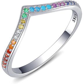 Qings Rainbow V Shape Ring, 925 Sterling Silver Colorful CZ Stackable Chevron Ring for Anniversary Promise Wedding Engagement, Jewellery Gifts for Women Band Sizes 6-9