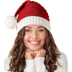 Santa Hat Christmas Hat for Adults, Red Knitted Beanie Hat with Pompom, Unisex Xmas Holiday Hat with Gift Box for Christmas New Year Festive Party Supplies