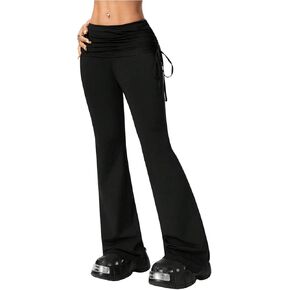 WDIRARA Women's Elastic Waist Drawstring Side Flared Bell Bottom Pants Stretch Low Rise Long Pants