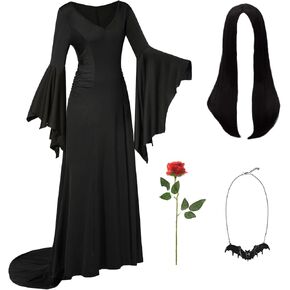 Black Gothic Dress for Costume Women Adult Cute Gothic Dress for Halloween Costume with Black Wig Necklace Flower