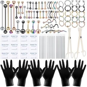 ChiMunllin 120 قطعة طقم ثقب الجسم من الفولاذ الجراحي 14G 16G 20G BCR CBR Labret حلقات الشفاه الغضروف أقراط الأنف حاجز الأنف ترصيع حلقات زر البطن ثقب المجوهرات الإبر قفازات المشابك أدوات in Kuwait