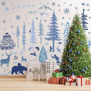 Whaline Christmas Wall Stickers Roll Winter Scene Blue Floor Decals Forest Animals Prints Waterproof Art PVC Plastic Window Decor for Xmas DIY Home Party, 4 Sheet, 13.8 x 39.4 Inch