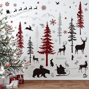 Whaline Christmas Wall Stickers Roll Winter Scene Blue Floor Decals Forest Animals Prints Waterproof Art PVC Plastic Window Decor for Xmas DIY Home Party, 4 Sheet, 13.8 x 39.4 Inch