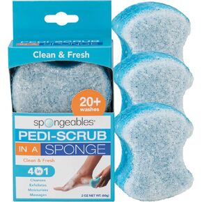 Spongeables Pedi-Scrub Foot Buffer, Clean & Fresh Scent, Contains Shea Butter and Tea Tree Oil, Foot Exfoliating Sponge with Heel Buffer and Pedicure Oil, 20+ Washes, Pack of 3