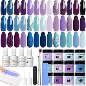 AZUREBEAUTY 31Pcs Dip Powder Nail Kit Starter, 20 Colors Purple Blue Glitter Dipping Powder Recycling Tray Essential Liquid Set with Base Top Coat Activator for French Dip Nails Art Manicure Set Beginner DIY Salon Women Gift