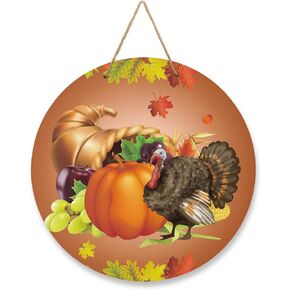 Welcome Sign Front Door Decoration Cornucopia Pumpkins Fruits Fall Maple Leaves Turkey Door Sign 10 Inch Round Wood Wreaths Wall Hanging Outdoor, Indoor, Porch, for Spring Summer Fall Home Decor