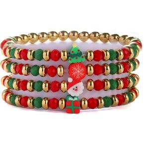 2024 Christmas Rainbow Beads Bracelet Set Colorful Santa Claus Snow Christmas Tree Pendant Bracelet Handmade Polymer Clay Disc Beaded Stackable Stretch Bracelet for Women Xmas Party Jewelry Gift