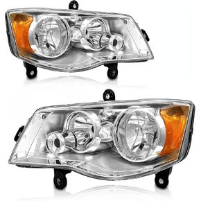 AS Headlight Assembly Compatible with 2011 2012 2013 2014 2015 2016 2017 2018 2019 2020 Dodge Grand Caravan /08-16 Chrysler Town Country Factory Style Chrome Housing Amber Reflector Clear Lens pair