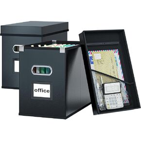 Huolewa Leather File Organizer Boxes with Mesh Pocket, Hanging File Box Organizer for Letter Size Files &Folders Storage, Document Filing Boxes Organizer with Lids, Small File Cabinet for Home/Office