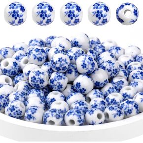 Ceramic Beads, 100Pcs Round Porcelain Beads 10mm Handmade Porcelain Blue Flower Printed Spacer Beads Craft Beading Kit for Jewelry Making Supplies DIY Crafts Bracelets Necklace