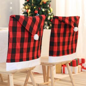 6PCS Xmas Red Black Buffalo Plaid Chair Back Covers Festival Santa Hat Chair Cover for Dining Decoration