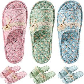 3 Pairs Floral Cotton House Slippers for Women, Open Toe Indoor Slippers Comfortable Washable Portable Foldable Guest Travel Hotel Airplane Spa Slippers