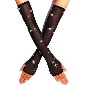 Rhinestone Fingerless Gloves Sparkle Long Mesh Gloves Opera Party Gloves Prom Stretch Arm Sleeves for Women and Girls
