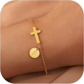 BAYLAY Cross Bracelet for Women - Gold Bracelet for Women 14K Gold Plated Disc Letter A-Z Initial Bracelet Cross Bracelet Dainty Gold Bracelet Jewelry Christian Religious Baptism Gifts for Women Girls