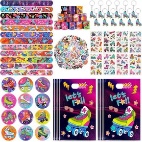 220 Pieces Roller Skate Party Favors Supplies Set Bulk Slap Bracelets, Stickers, Key Chains, Pin Badges,Temporary Tattoos and Goodie Bag Fillers for Retro 1980s Hip Hop Party (Roller Skate)