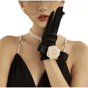 Black Satin Gloves with Camellias for Women Tea Party Clothes/Wedding Banquet Dress