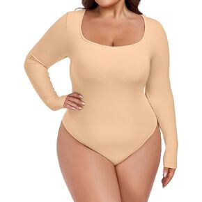 FOREYOND Plus Size Bodysuits for Women Long Sleeve Scoop Neck Bodysuit Sexy One Piece Body Suit Tops