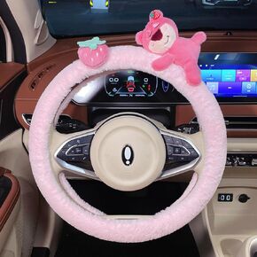 Car Steering Universal 15 inch Bear Wheel Pacha Dog Cover with Fluffy Gear Shift Cover Soft Warm Non-Slip Car Decoration for Women Girls (Pink)