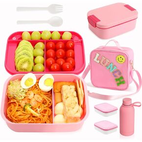 Bento Lunch Box Set for Kids with 12oz Insulated Water Bottle& Lunch Bag, Leak-Proof Lunch Containers with Utensil Set, Nylon Preppy LunchBag with Adjustable Strap for Girls School Travel Picnic