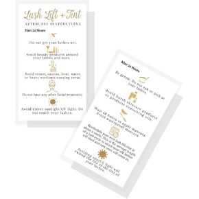Lash Lift + Tint Aftercare Instruction Cards | 50 Pack | 2x3.5" inches Business Card Size | Eyelash Lift and Tint Kit at Home DIY | White with Non-Metallic Gold Color Design
