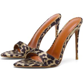 Frankie Hsu Sexy Stiletto Leopard Print High Heeled Sandal, Stylish Fashion High Heels Women Shoes, Designer Pointed Toe Satin Brown Spike Mule Sandal For Women US5-14