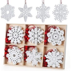 Lemonfilter 30Pcs Wooden Snowflakes Ornaments White, Christmas Wood Hanging Decorations 2.75 Inches Snowflakes Shaped Embellishments Hollowed Christmas Tree Hanging Ornaments with 30pcs Red Rope