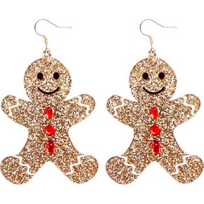 Christmas Gingerbread Man Charm Dangle Drop Earrings Glitter Gold Acrylic Resin Fashion Statement Jewelry Holiday Xmas Party Dress Outfits Decor Accessories for Women