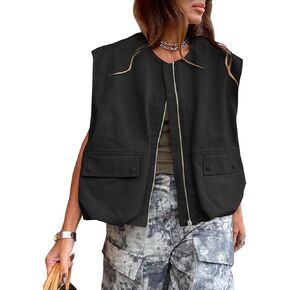 Women's Casual Zipper Vest cargo Oversized Ruffle Sleeveless Jacket Top